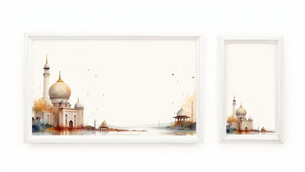 Watercolor paintings of mosque architecture with golden domes in white frames on wall