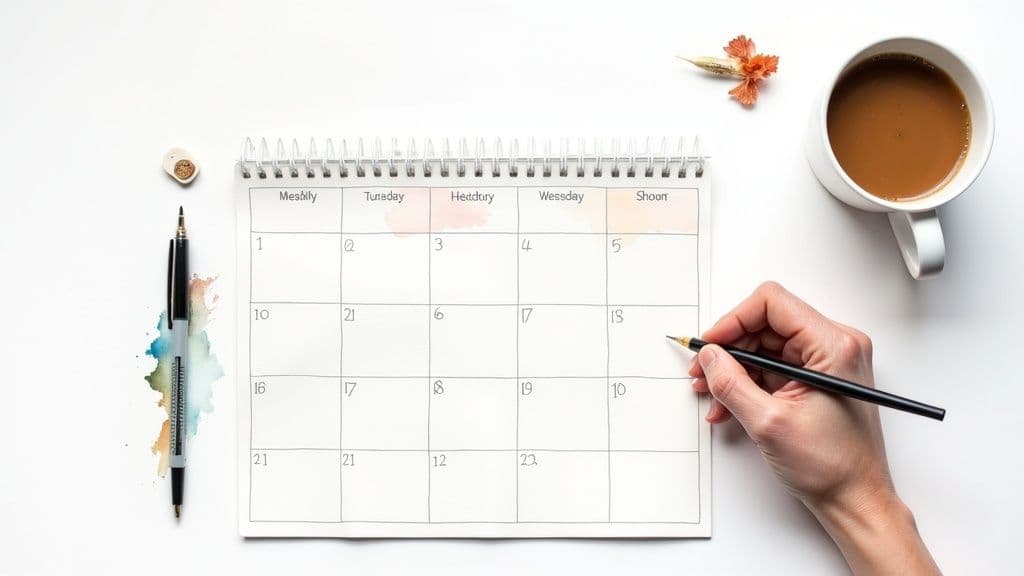 A person working on a laptop with a calendar and social media icons floating around, representing planning.