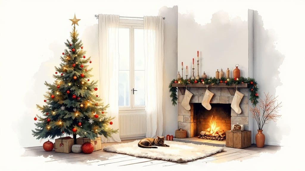 An AI-generated image of a cosy Christmas living room scene.