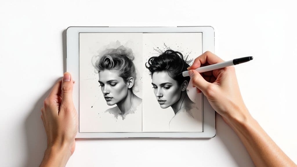 Hand drawing digital portrait illustration of woman with stylus pen on tablet device