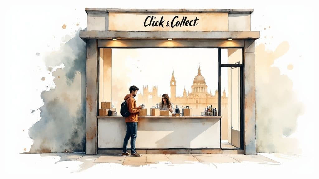 A stylish retail store interior where customers are interacting with digital displays and mobile apps.