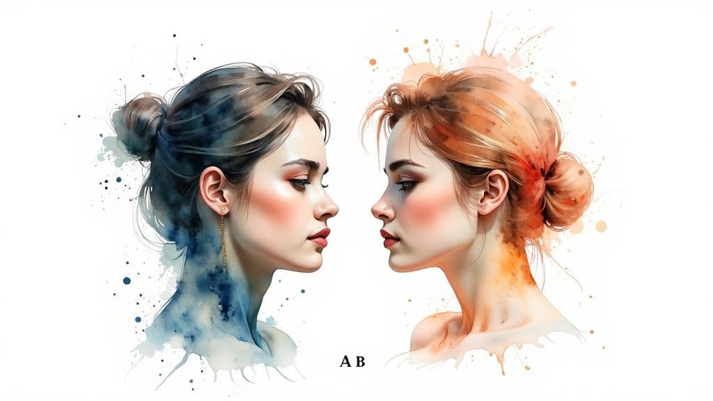 A visual representation of an A/B test, showing a control version 'A' and a variation 'B' with performance metrics for comparison.