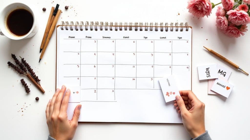 A creative brainstorming session with sticky notes and a calendar, representing content planning.