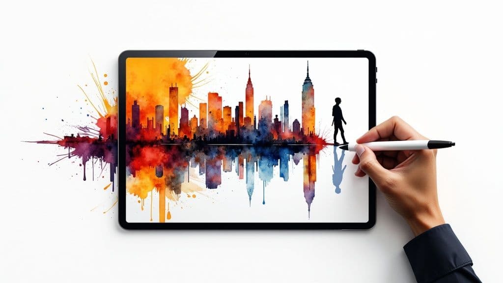 A digital artist working on a tablet, with vibrant cyberpunk-style artwork displayed on a large monitor behind them.