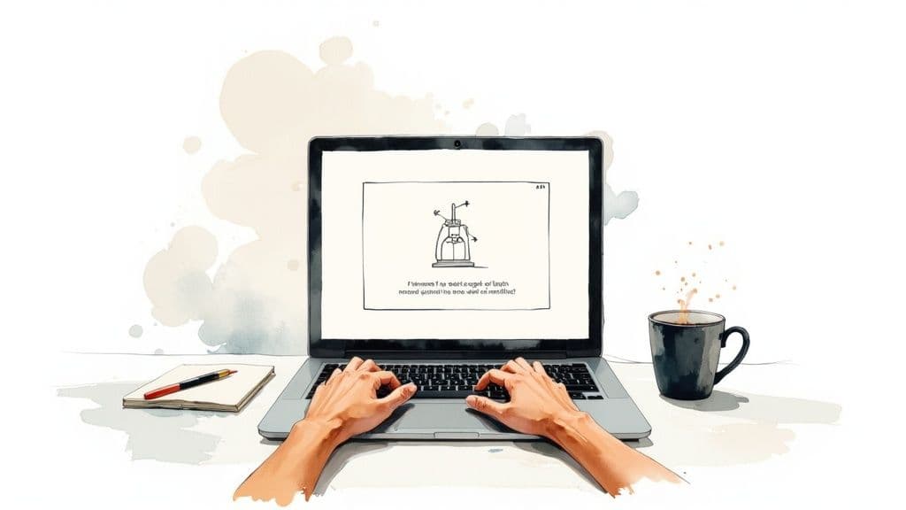 Person typing on laptop displaying error message cartoon with coffee cup and notebook nearby