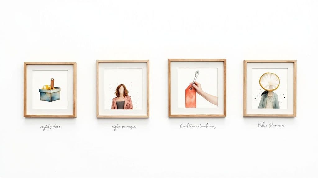 A magnifying glass hovering over different image license icons, symbolizing the comparison of royalty-free, rights-managed, and creative commons.