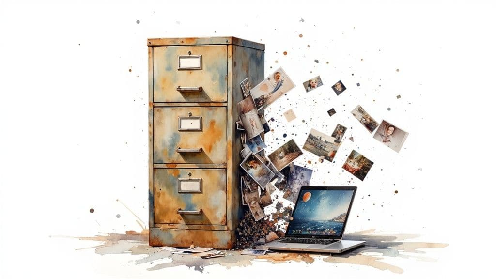 A collection of old, physical photographs and slides scattered on a wooden table, representing the early days of stock photography archives.
