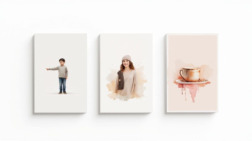 A comparison of different AI design tool interfaces on a computer screen, showing vibrant photo frames templates being generated.