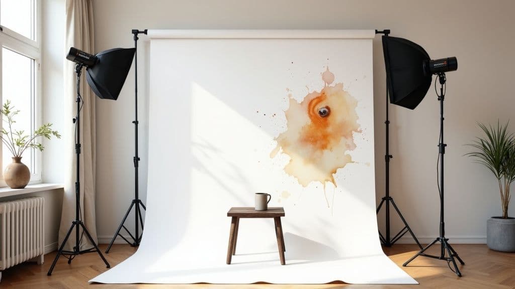 A simple DIY product photography setup in the corner of a room, showing a camera on a tripod, a white backdrop, and a product on a table.