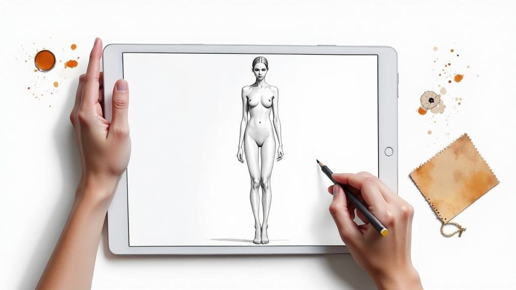 A stylized fashion illustration of a person wearing a vibrant, modern outfit.