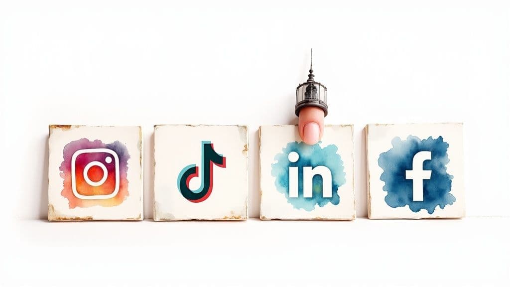 Several smartphones displaying logos of different social media platforms like Instagram, TikTok, Facebook, and LinkedIn, with a map of the UK in the background.