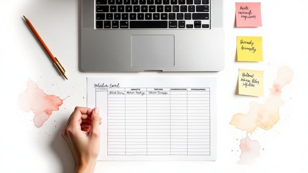 A person writing in a notebook with a laptop and coffee nearby, illustrating the process of creating a content calendar.