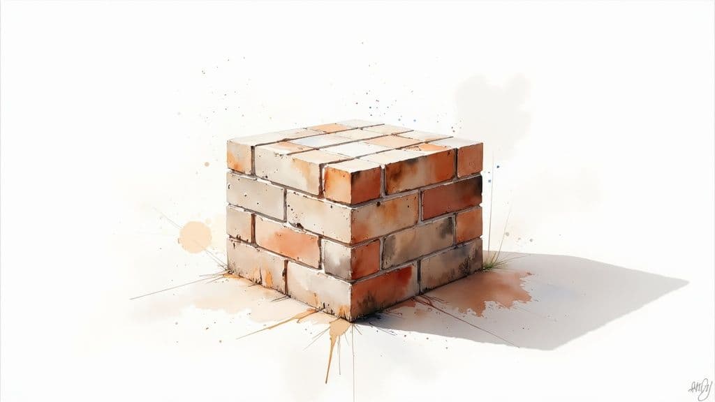 A 3D render showing a seamless brick texture applied to a building facade.