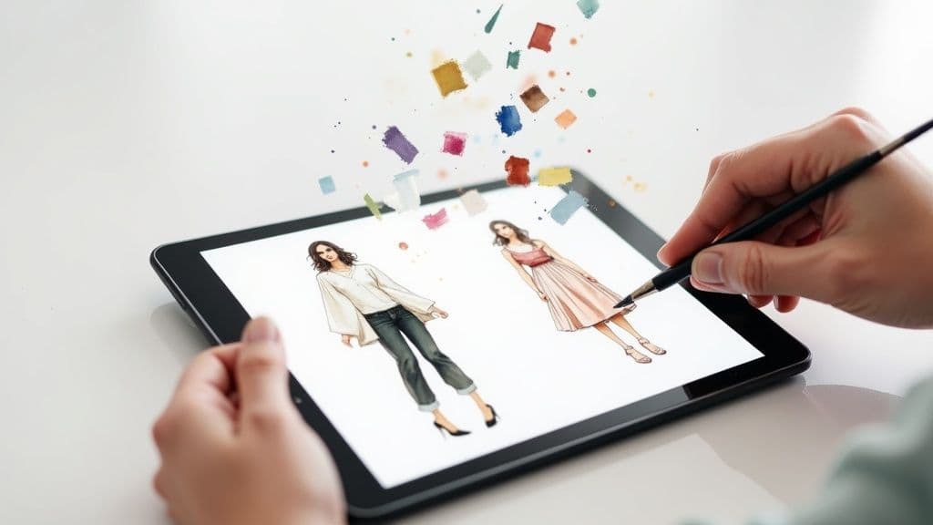 AI-generated fashion illustration showing multiple fabric variations on a single dress design.