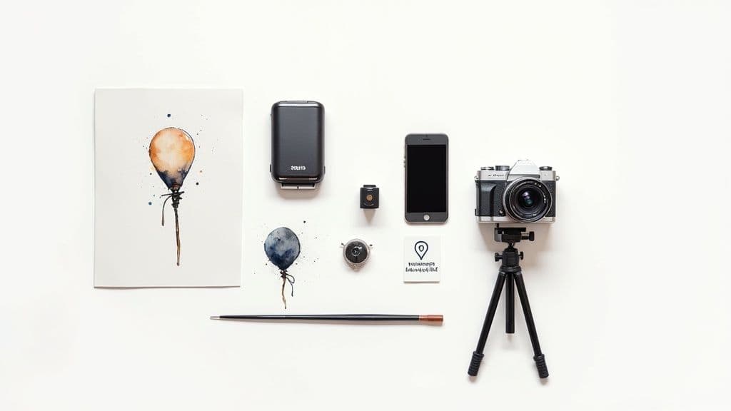 Flat lay of creative photography equipment including camera, smartphone, tripod, and watercolor balloon artwork