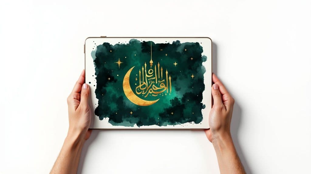 Hands holding tablet displaying golden Islamic calligraphy with crescent moon on watercolor background