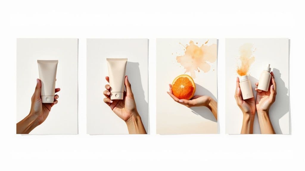 A flat-lay product photograph of various items on a styled surface