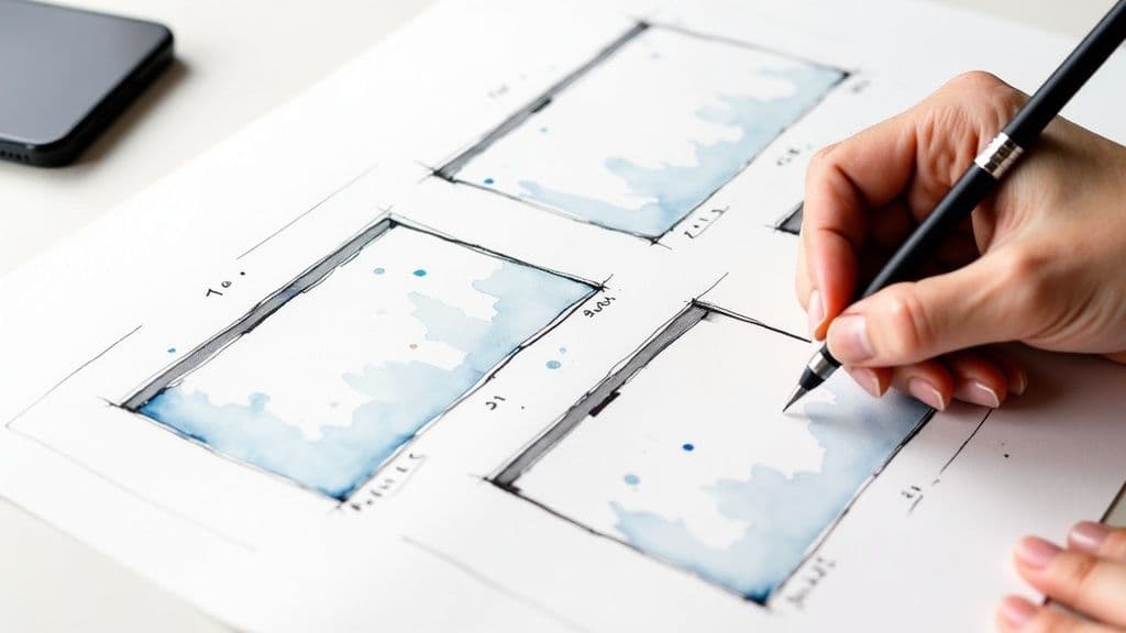 Hand drawing watercolor storyboard sketches with pen for video production planning on white paper