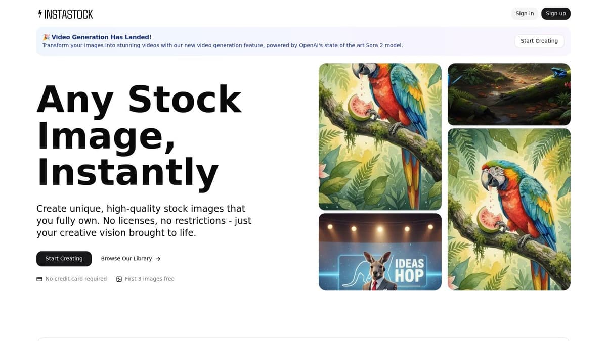 Instastock user interface showing an AI-generated image of a modern office space