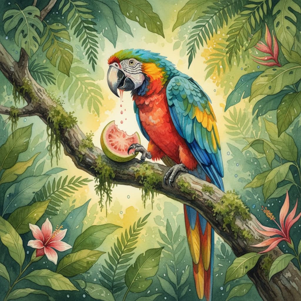 Watercolor Macaw Eating Guava Jungle Stock Image